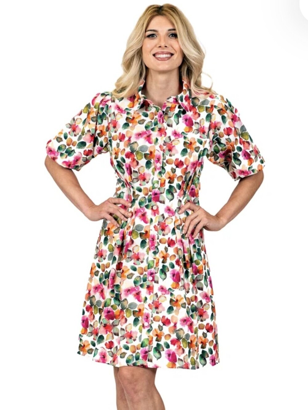 Scapa Lauren Perre Vintage Style Watercolor Floral Cotton Midi Shirt Dress Sz.XS